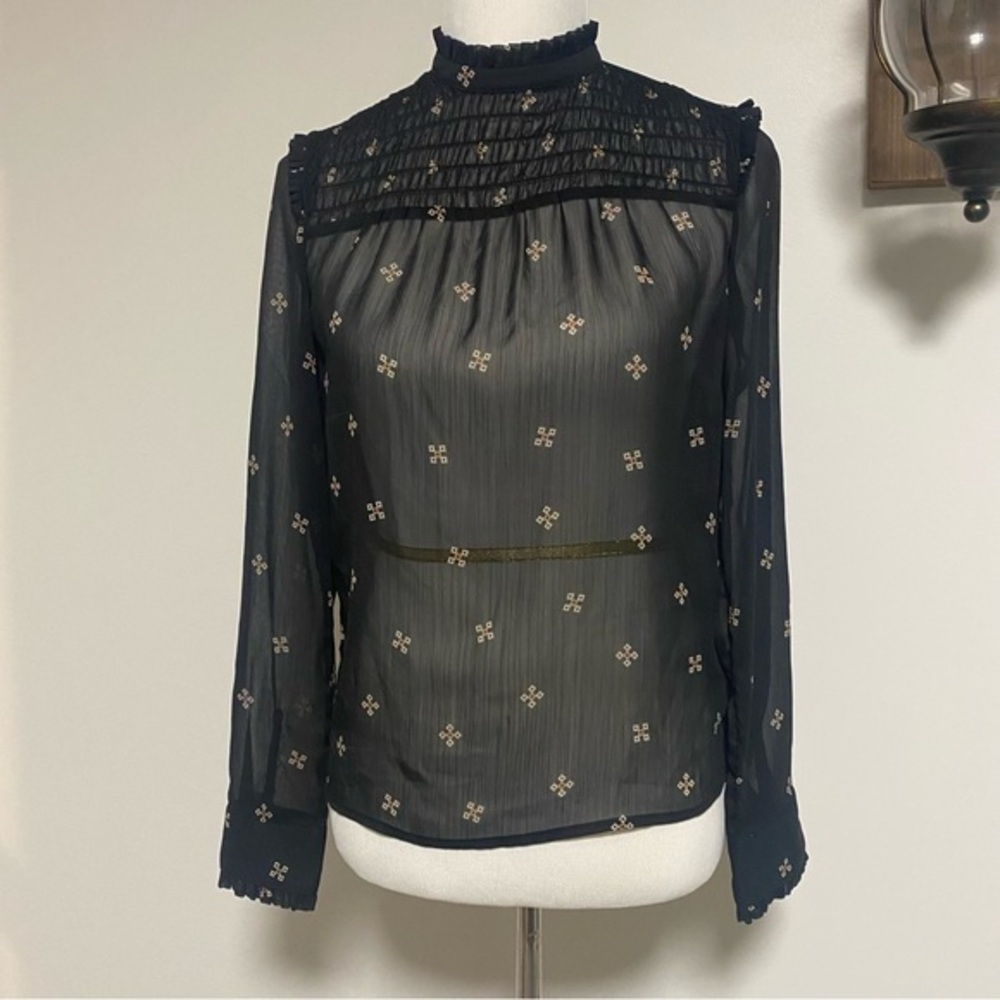 Who What Wear Women's Black Geometric Long Sleeve High-Neck Sheer Blouse